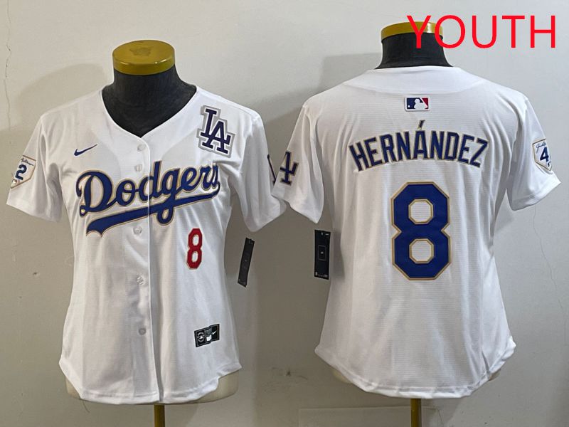 Youth Los Angeles Dodgers #8 Hernandez White Gold Game 2025 Nike MLB Jersey style 4